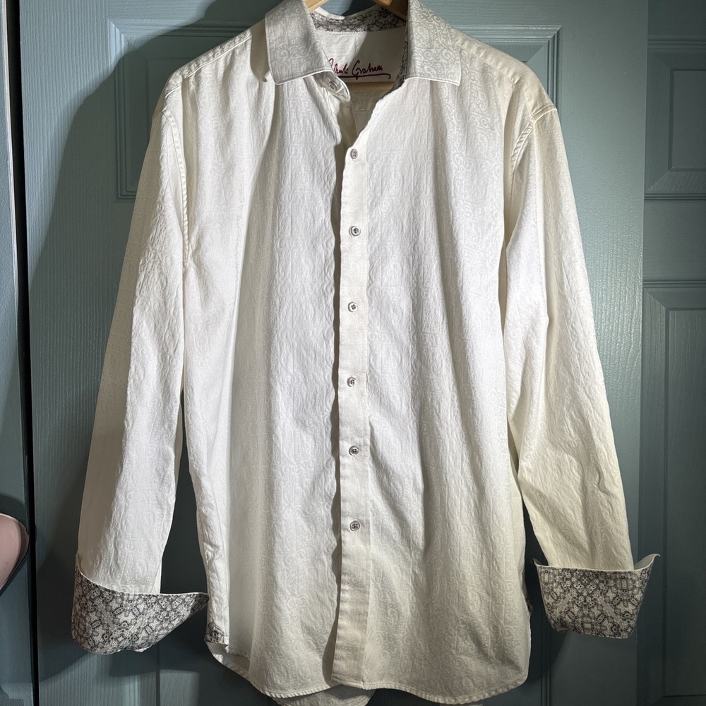 Robert Graham Shirt Mens XL White Embossed Design Flip Cuff Point Collar